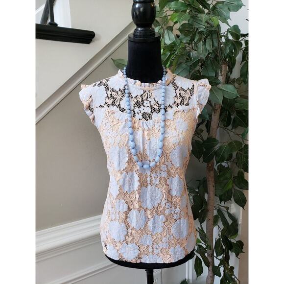 Monteau Women's Beige Floral Nylon Turtleneck Ruffled Sleeveless Top Blouse M - Picture 10 of 11